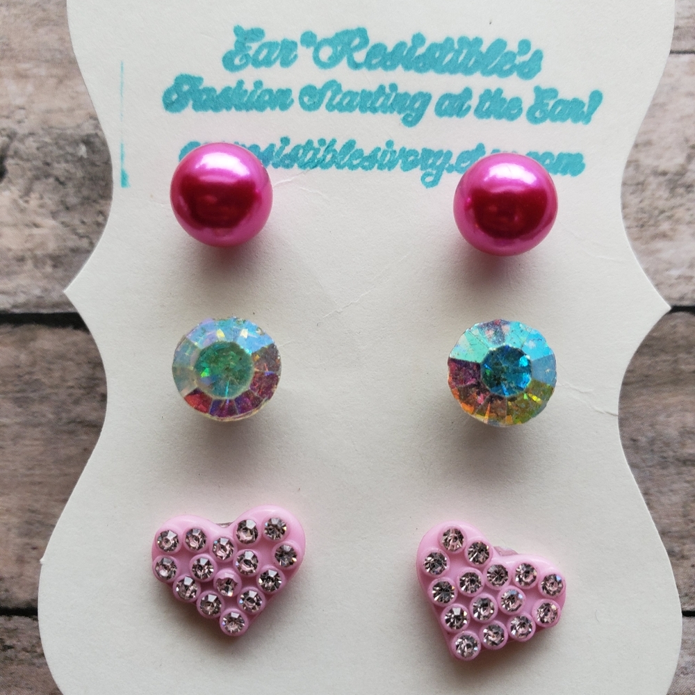 Sparkly Pink Trio Stud Earrings Set